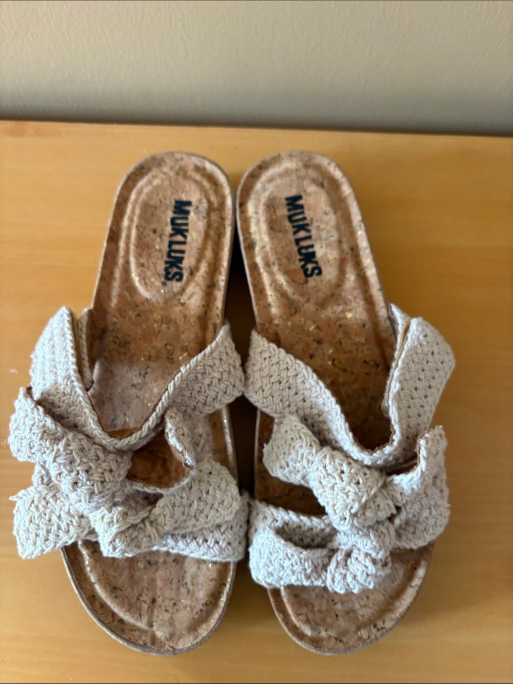 Muk Luks Natural Crochet Bow Slide Sandals